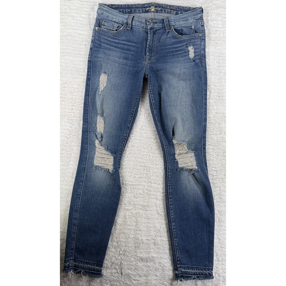 7 For All Mankind The Ankle Skinny Jeans Womens 29 Mid Rise Stretch Distressed